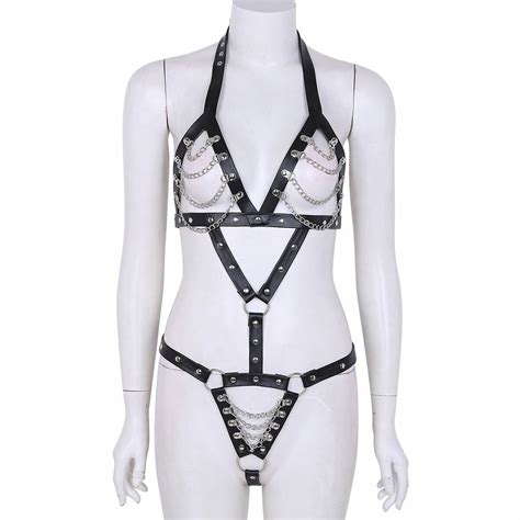 Women Sexy Lingerie Chain Cages Full Body Top Harness Teddy Leather Bra