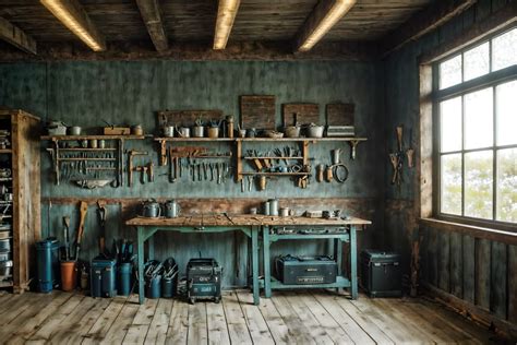 Coastal-style (workshop interior) with tool wall and wooden workbench ...