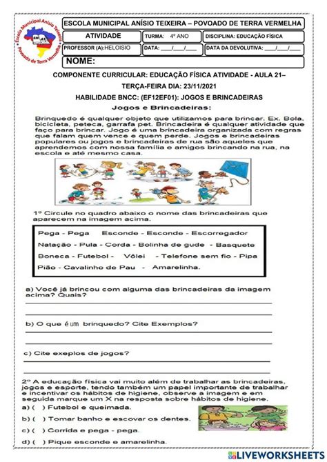 Ed Física interactive worksheet for 4º Ano Educação fisica