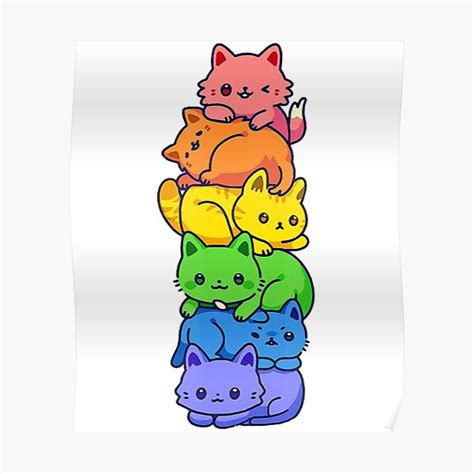 Gay Pride Cat LGBT Kawaii Cats Pile Cute Anime Rainbow Flag Poster