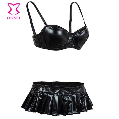 Black Pvc Vinyl And Latex Sexy Lingerie Hot Erotic Underwear Women Soft Bra Top And Garter Skirt