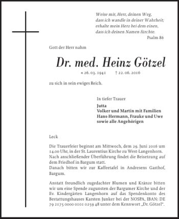 Traueranzeigen von Dr med Heinz Götzel sh z Trauer