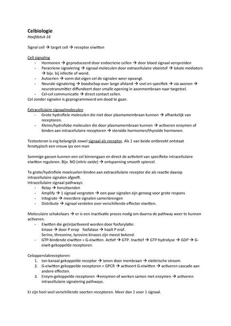 Samenvatting Deeltentamen Celbiologie Hoofdstuk Signal Cell