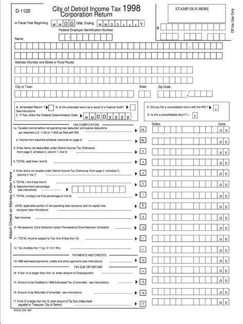 Fillable Online Ci Detroit Mi Or Fiscal Year Beginning City Of Detroit Income Tax 1998