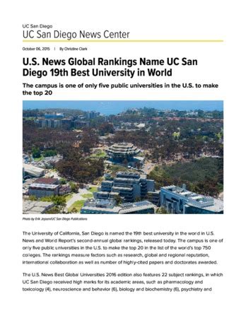 U.S. News Global Rankings Name UC San Diego 19th Best University in ...