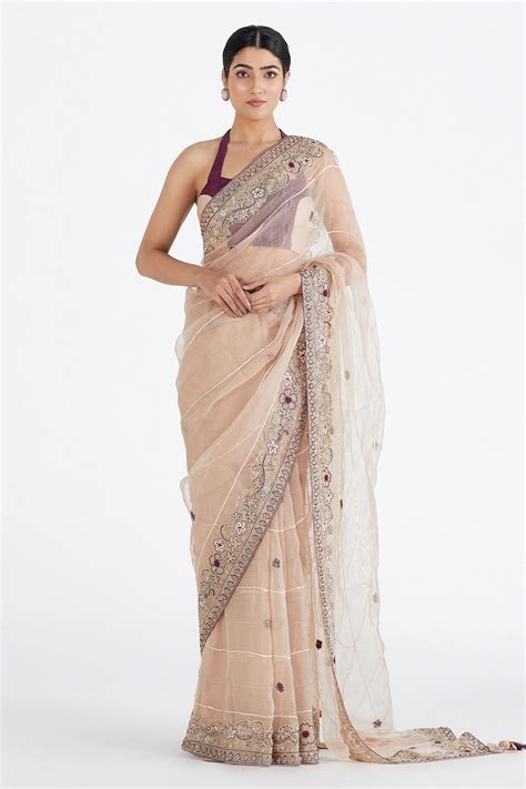 Buy Pink Silk Organza Embroidered Pearls Nayantara Saree With Blouse