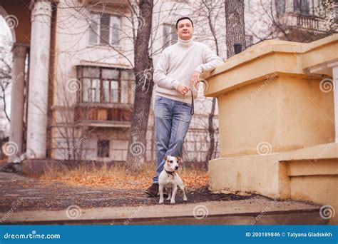 Man Walks With His Dog Stock Photo Image Of Lifestyle 200189846