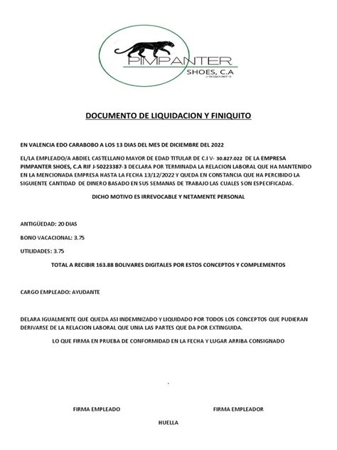 Documento De Liquidacion Y Finiquito Descargar Gratis Pdf