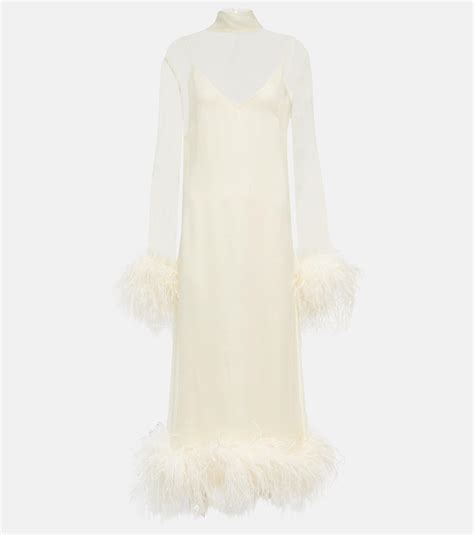 Taller Marmo Gina Venti Feather Trimmed Silk Midi Dress In White Lyst