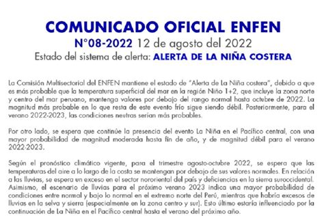 ENFEN La Niña Costera seguirá teniendo magnitud débil al menos hasta