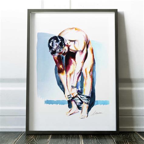 Male Nude Watercolor Art Print Handsome Man Getting Dressed Gay Art Home Decor Masculine Body