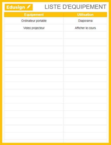 Liste d équipement formation Modèle gratuit en format Word PDF Edusign