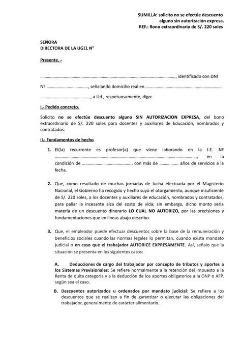 Modelo De Solicitud Para Evitar Descuento Del Bono De Soles