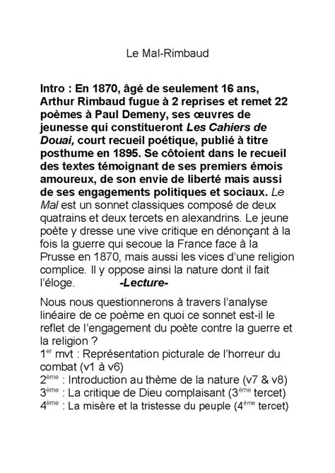 Lecture linéaire LE MAL Le Mal Rimbaud Intro En 1870 âgé de