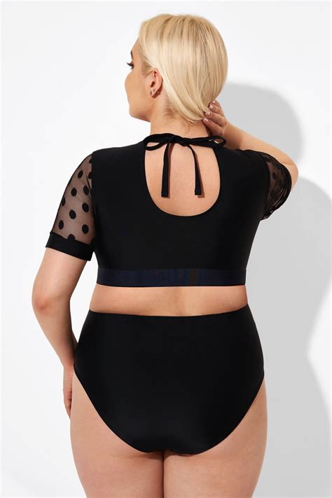 Black Mesh Polka Dot Short Sleeve Bikini Top Meet Curve Meet Curve