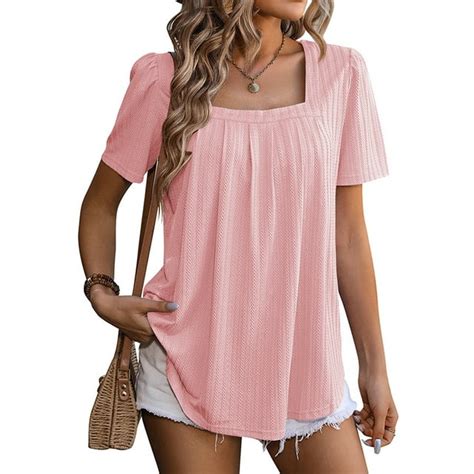 Shibever Women Summer Tops Casual Square Neck Loose Short Sleeve Tshirt