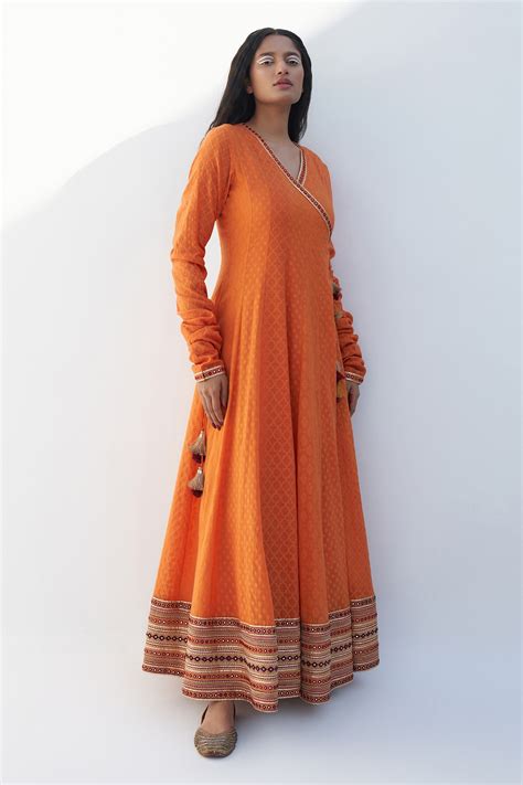 Buy Orange Chanderi Jacquard Printed Floral V Neck Angrakha Anarkali