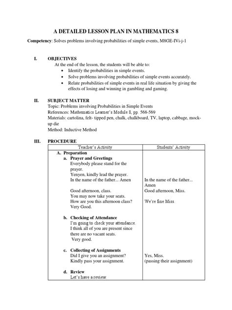 A Detailed Lesson Plan In Mathematics 8 Download Free Pdf