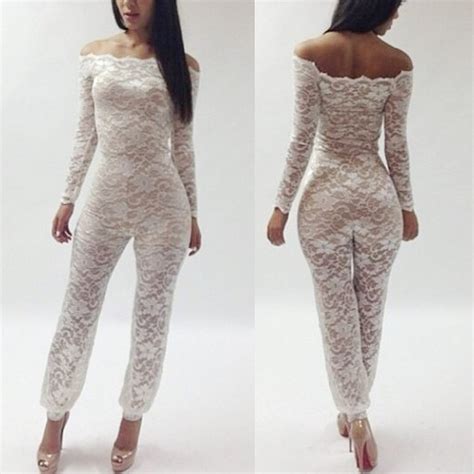 White New Womens Clubwear Long Sleeve Off Shoulder Floral Lace Jumpsuit