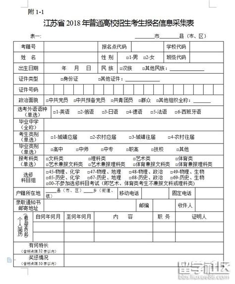 江苏2018普通高校招生考生报名信息采集表