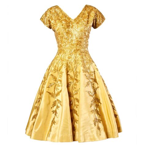 Vintage 1950s 50s Gold Yellow Hand Beaded Couture Silk Cocktail Dress