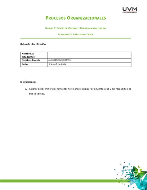 ACTIVIDAD 3 ANÁLISIS DE CASOS PROCESOS ORGANIZACIONALES UNIDAD 2