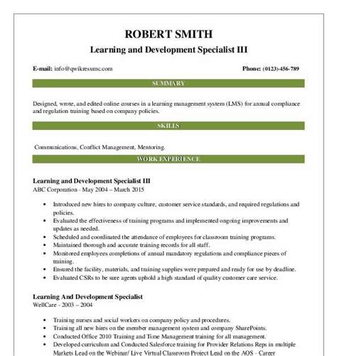 Learning And Development Specialist Resume Resuerot