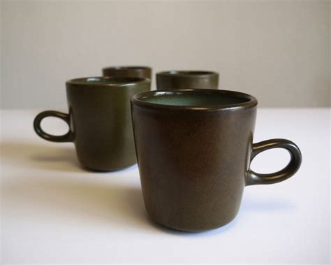 Set Of 4 Vintage Heath Ceramics Mugs In Olive And Aqua Glazes Heath