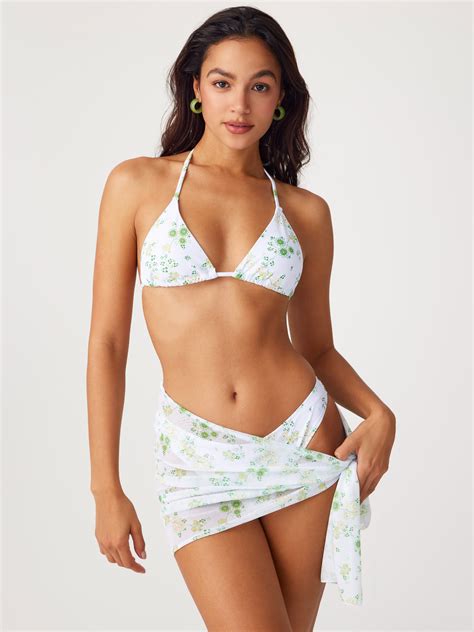 Mesh Knit Fabric Floral Print Halter Bikini Swimsuit With Mesh Sarong