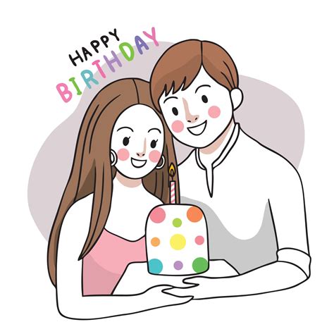 Happy Brithday Couple And Sweet Cake Hand Draw Cartoon Cute Vector