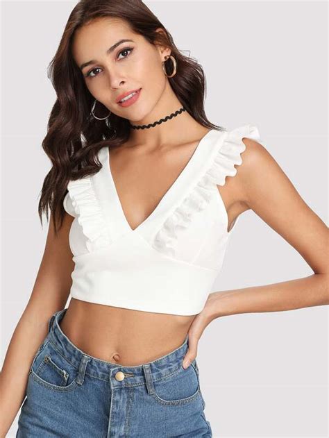 Shein Double V Neck Ruffle Trim Crop Top Shein Usa