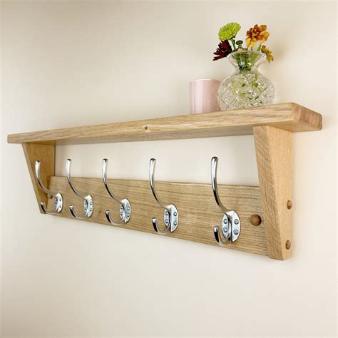 Oak coat rack with shelf - satin brushed steel hooks – Old Oak Barrel