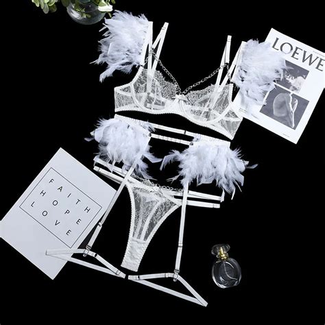 Lingerie And Sexy Sets Arrivals Feather Lace Piece Garters Lingerie Set With Chains Exotic