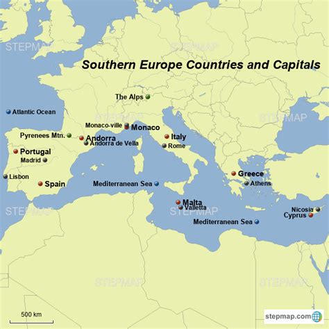 StepMap - southern europe countries and capitals - Landkarte für Germany