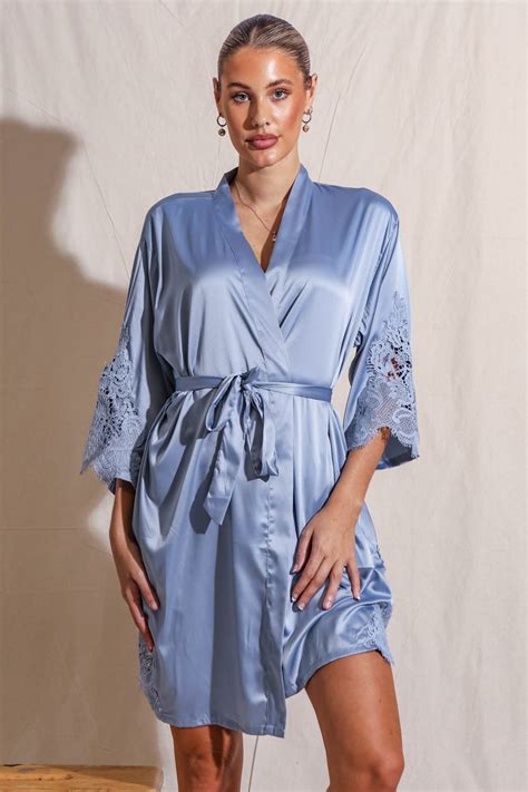 Amelie Dusty Blue Satin Bridesmaid Robe With Lace Trim