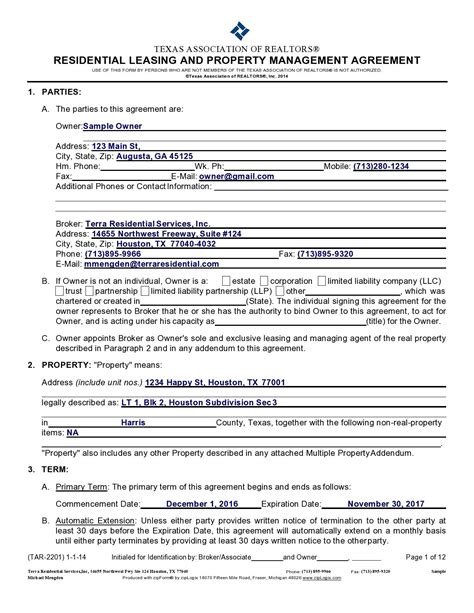 Printable Property Management Agreement Template