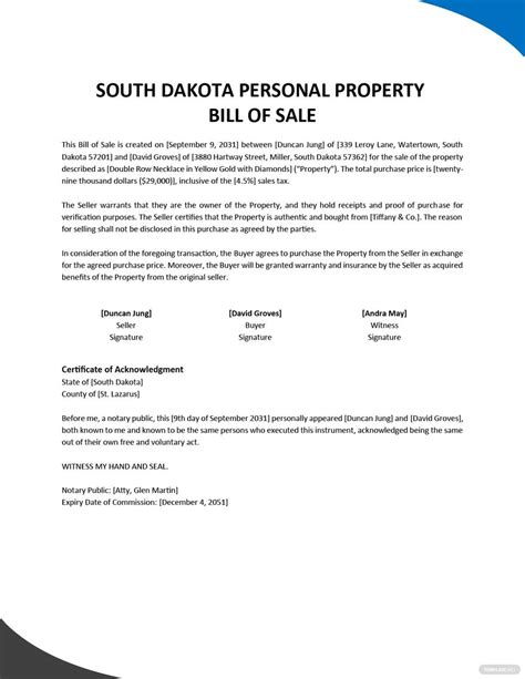 South Dakota Personal Property Bill Of Sale Template Google Docs