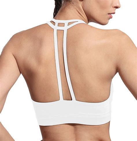 Womens Strappy Back Yoga Dance Padded Bralette Medium Impact Sports Bra White T Style