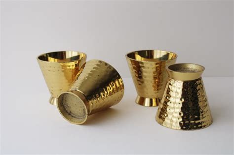 Heavy Solid Brass Candle Holders Vintage Set Of Footed Cups Polished Hammered Brass