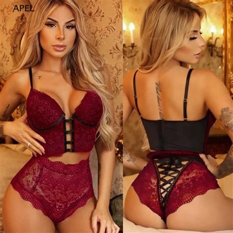 AP Women Sexy Lingerie Pure Color Lace Top Bra Thong Halter Erotic Sex Costume Sets EL Shopee