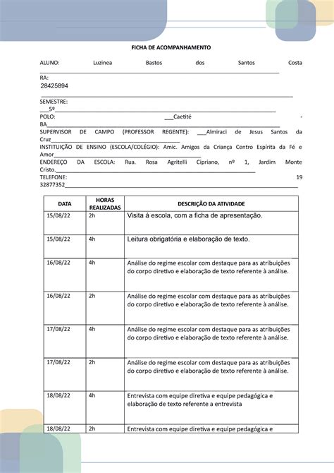 Ficha De Acompanhamento De Est Gio Preenchida Pedagogia Gest O Materilea