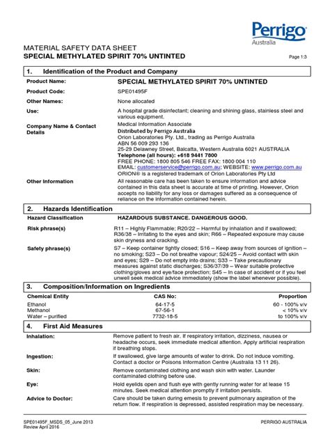 Special Methylated Spirit 70% Untinted: Material Safety Data Sheet ...