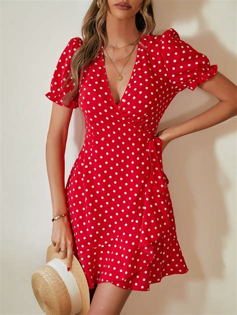 Shein Vcay Polka Dot Print Puff Sleeve Ruffle Trim Wrap Knot Side Dress