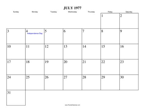 July 1977 Calendar