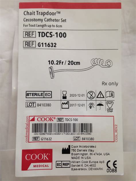 New COOK G11632 Chait Trapdoor Cecostomy Catheter Set, 10.2Fr/20cm (X