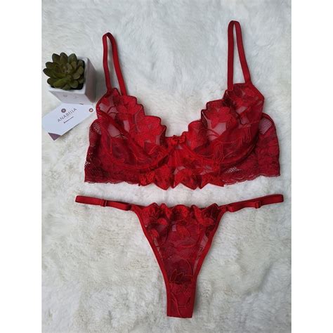 Conjunto lingerie sutiã calcinha fio tule transparente bordado Tulipa Shopee Brasil