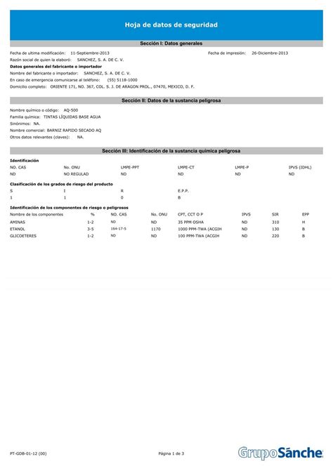 Hoja De Datos De Seguridad S Nchez