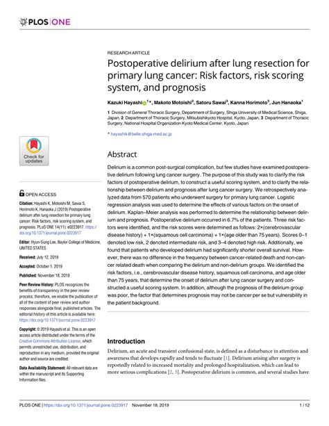 Pdf Postoperative Delirium After Lung Resection For Primary Lung