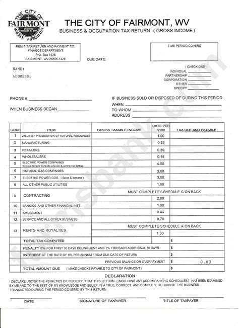 Business Occupation Tax Return City Of Fairmont West Virginia