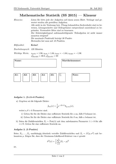 Klausur August Sommersemester 2015 Fragen FB Mathematik Universität